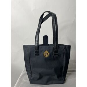 LAUREN Ralph Lauren Womens Black Tote Bag Shoulder Bag Gold Embroidered Insignia